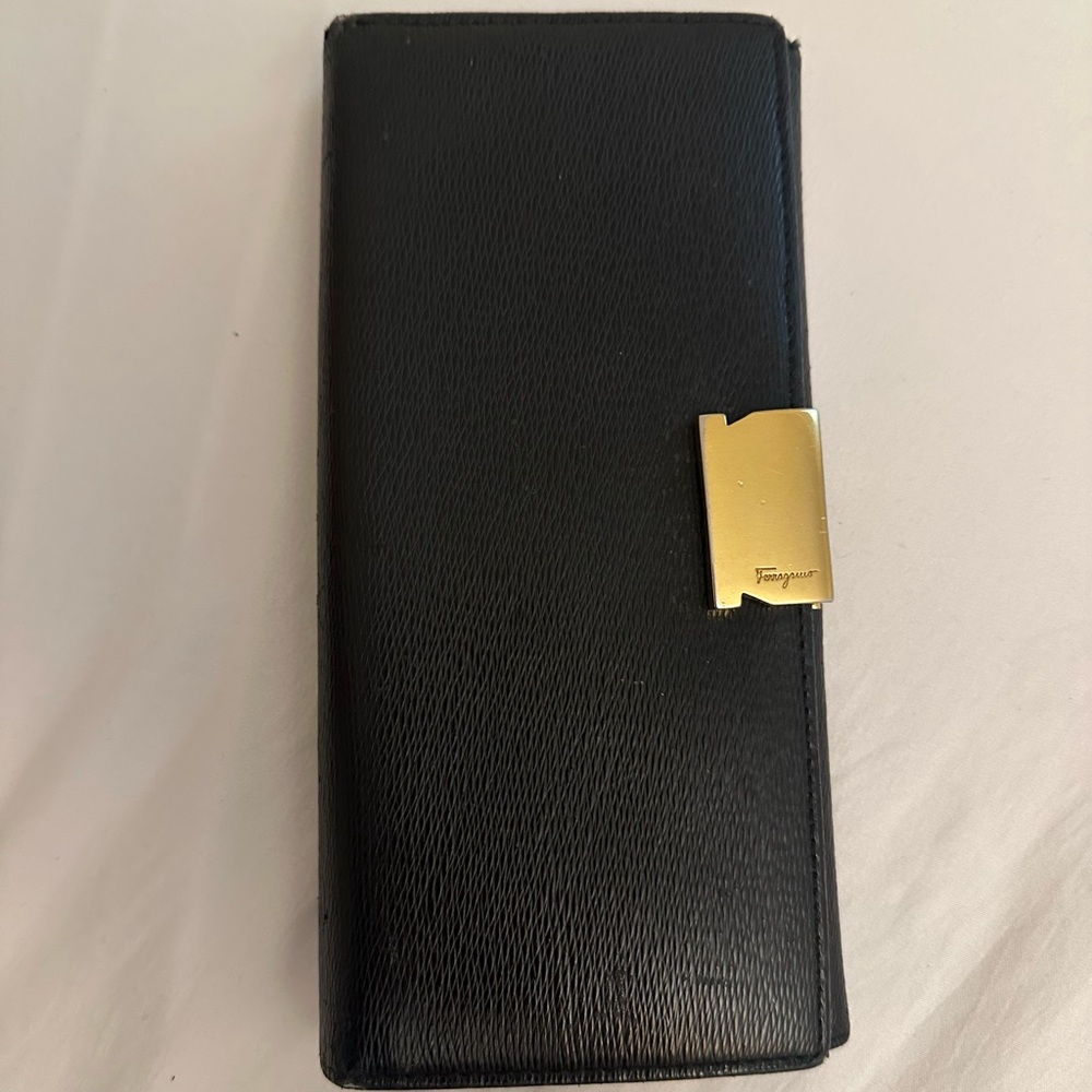 Salvatore Ferragamo Black Leather Wallet with Gold Hardware